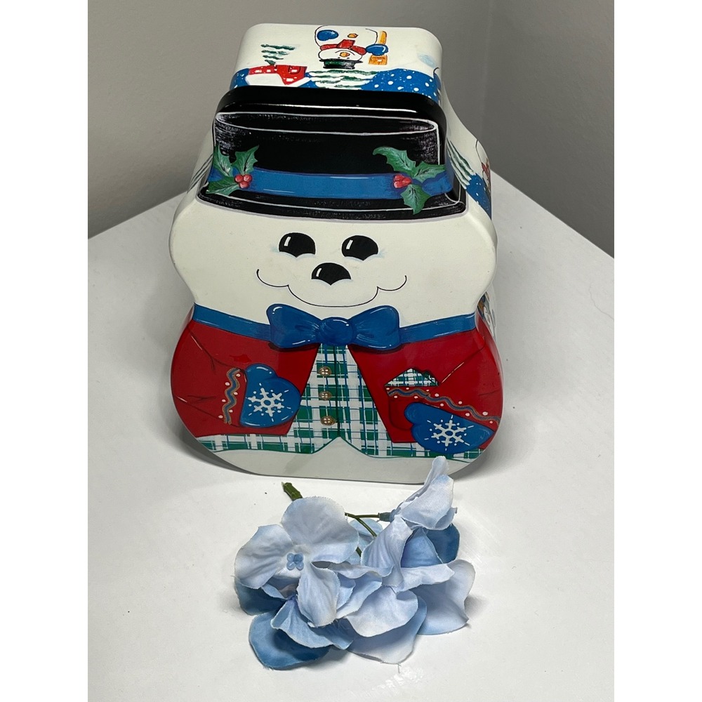 Vintage Snowman Tin Cookie Jar Festive Holiday Kitchenware Collectible